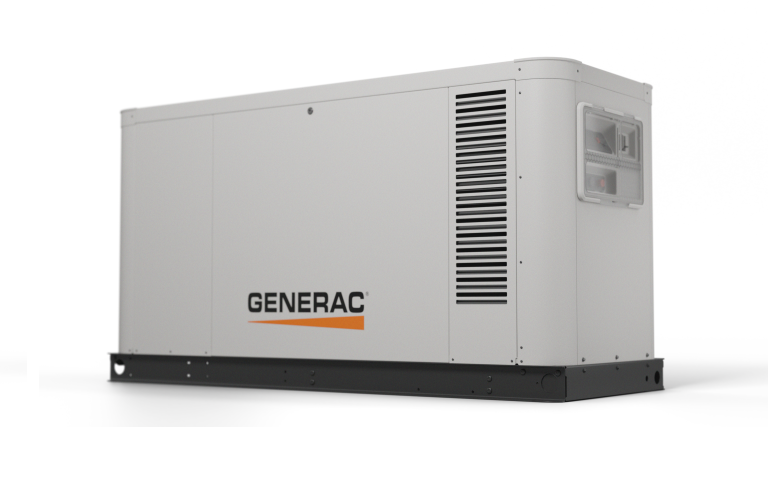 A robust Generac 32kW Protector Series standby generator with a sleek, corrosion-resistant aluminum enclosure. It showcases a compact design that packs ample power into a small footprint, ideal for residential or small business use. The generator is equipped with Quiet-Test™ Self-Test Mode for reduced operational noise and TruePower™ Technology ensuring clean energy output. 