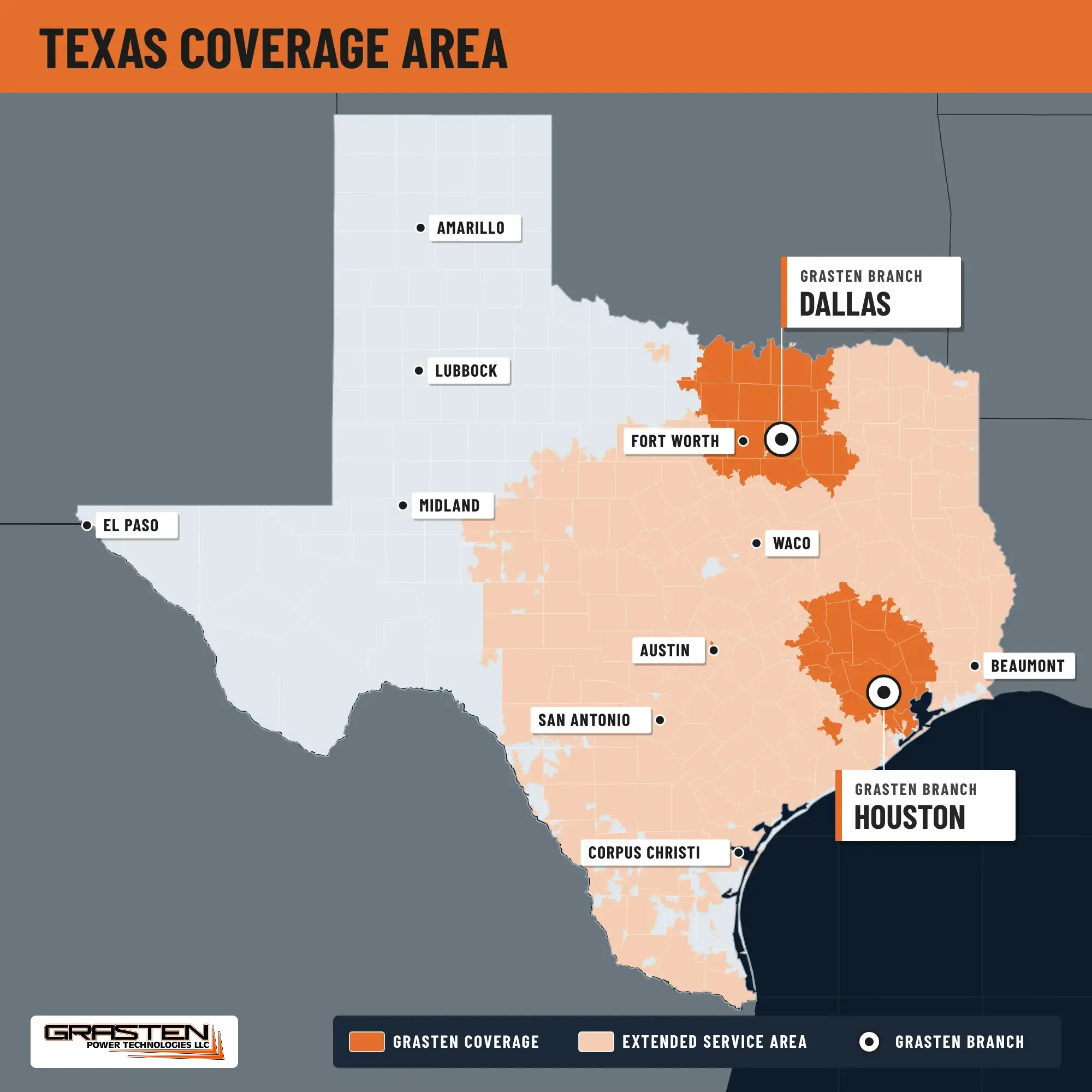 Texas coverage map: Grasten coverage around Greater Houston and Dallas Fort Worth, with branches in Houston and Dallas.