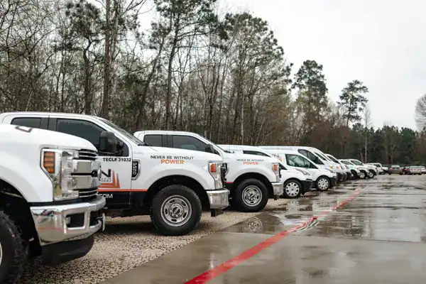 A row of white Grasten service trucks parked in the company lot